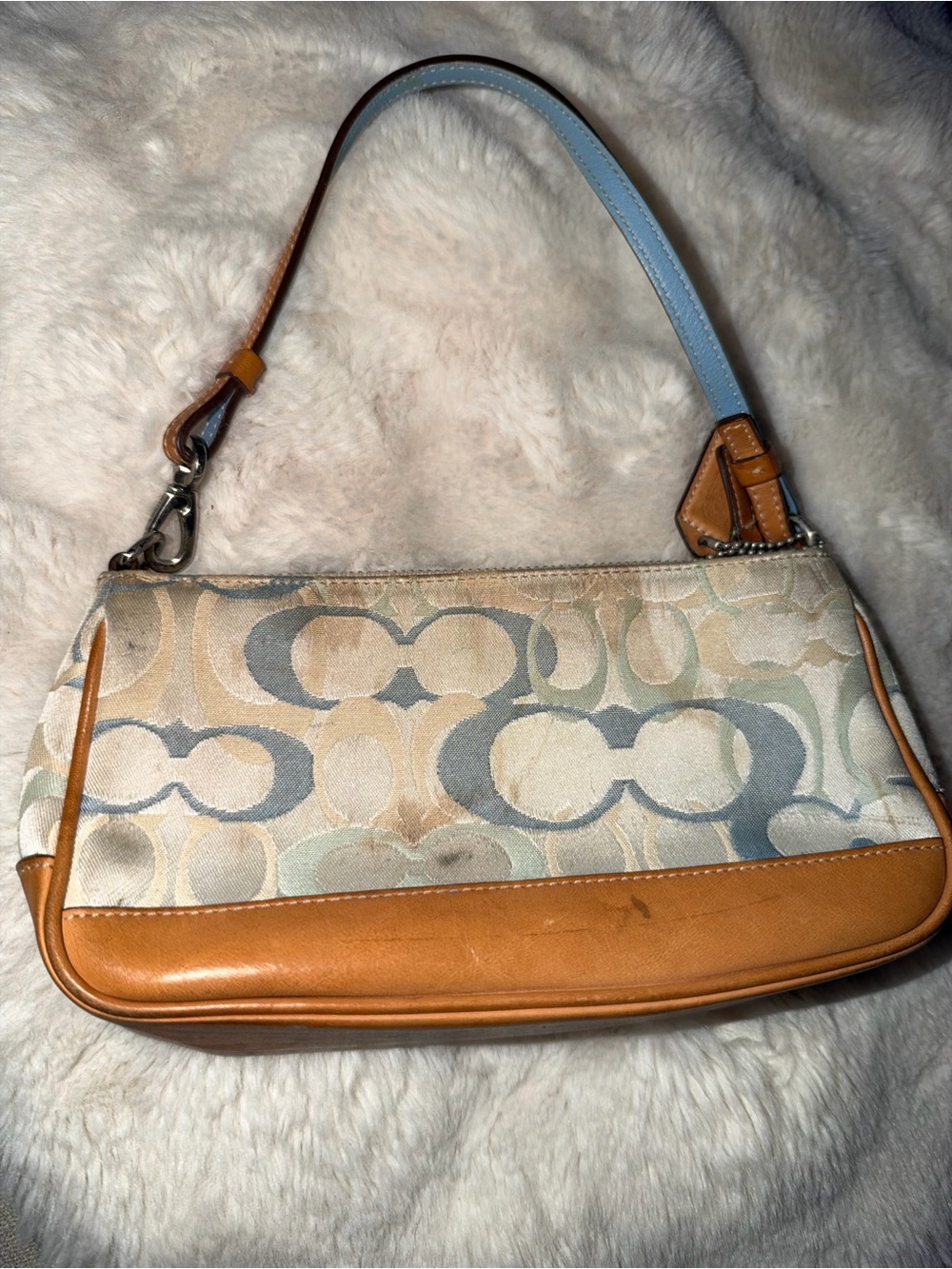 Coach Logo-Print Shoulder Bag in Tan and Light Blue